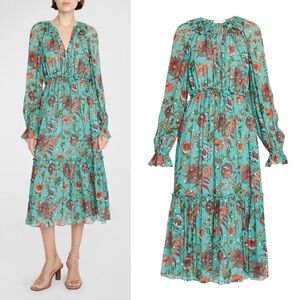 Ulla Johnson Audette Tiered Floral Silk Chiffon Dress Aqua Multi Size 6